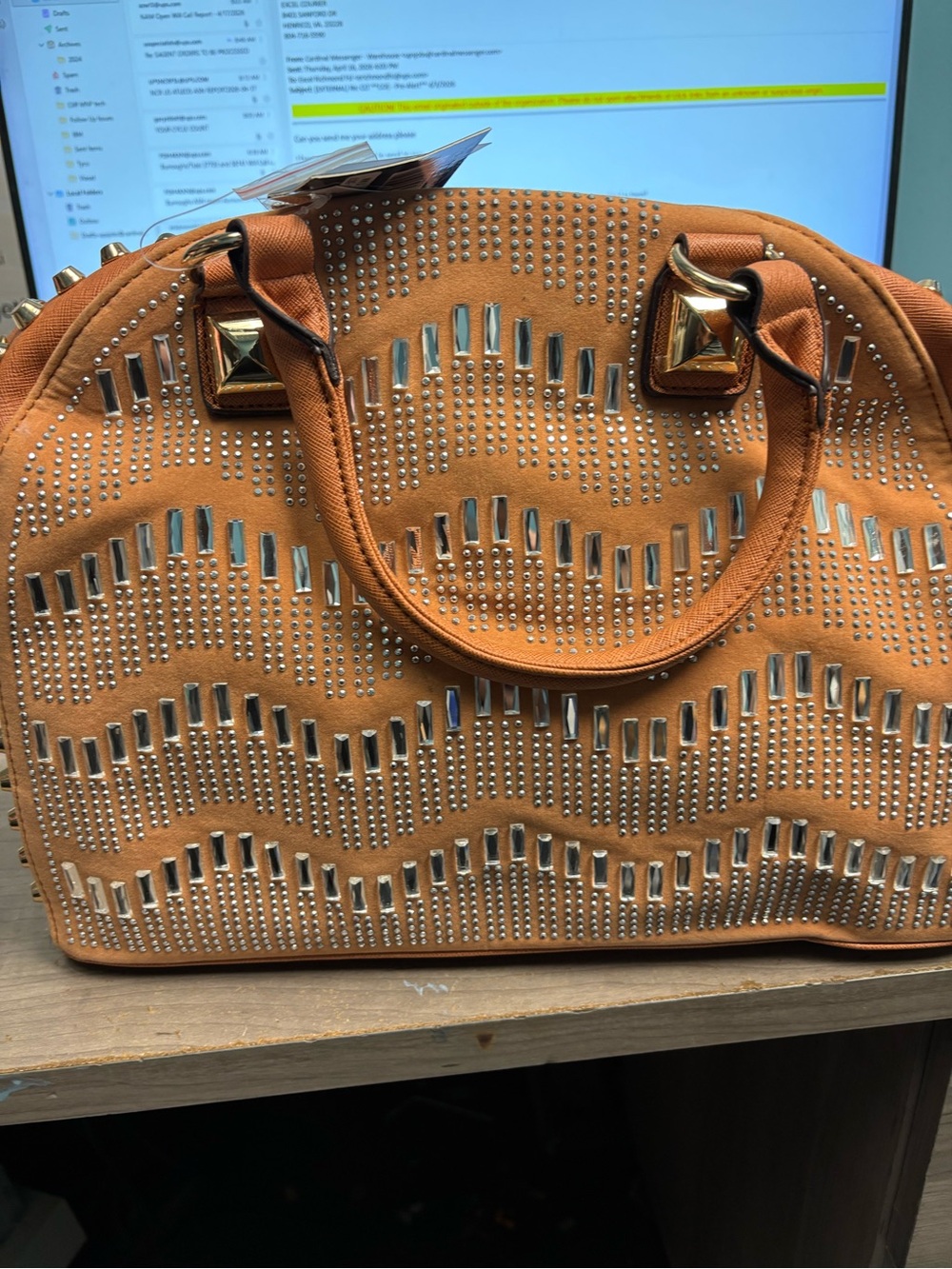 Orange Studded Dome Satchel with Pyramid Accent Hardware